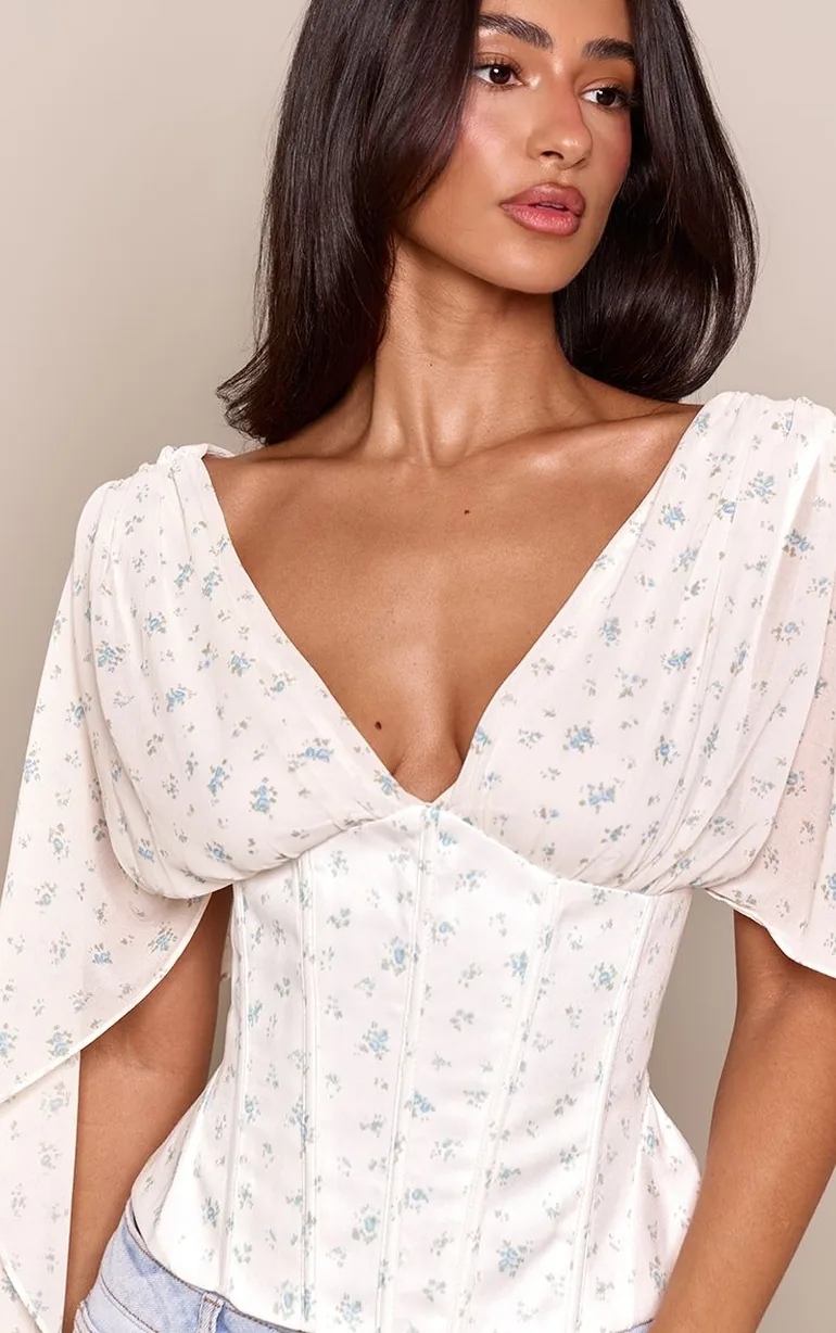 Petite Cream Floral Corset Waist Chiffon Drape Sleeve Top - 3