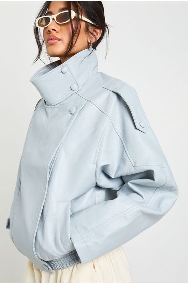 Faux Leather Funnel Neck Jacket - blue