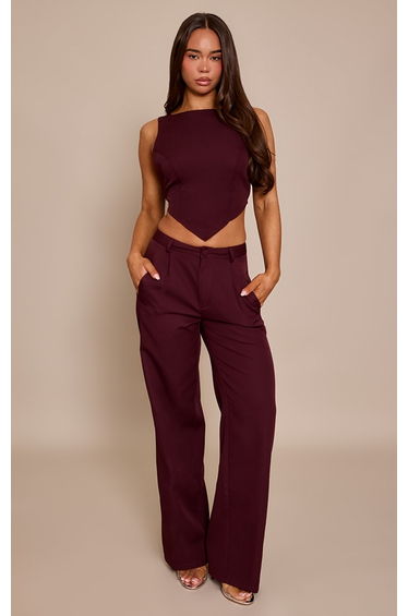 Plum Woven Pleat Detail Wide Leg Trousers