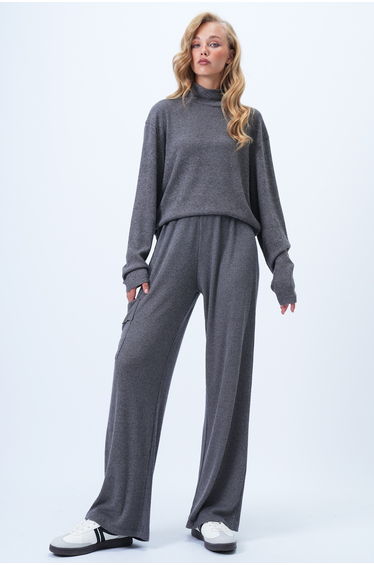 Women's Anthracite Turtleneck Soft Texture Oversized Blouse and Cargo Pocket Trouser Set