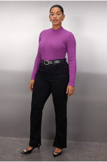 Purple Ribbed Stand Collar Thin Knit Sweater