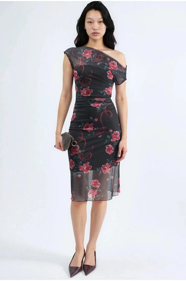 Asymmetrical Collar Flowering Midi Dress