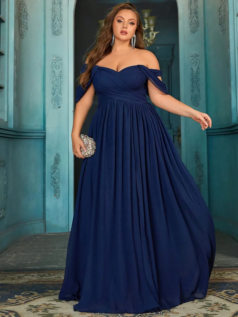 Navy Off-Shoulder Plus Size Chiffon Skater Dress - 3