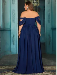 Navy Off-Shoulder Plus Size Chiffon Skater Dress - 4
