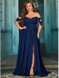 Navy Off-Shoulder Plus Size Chiffon Skater Dress - 5