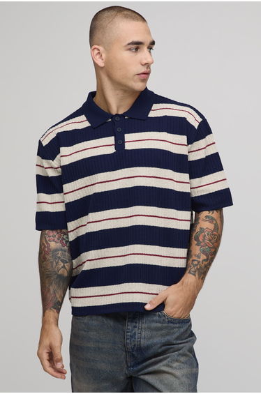 Oversized Boxy Striped Knitted Polo - navy