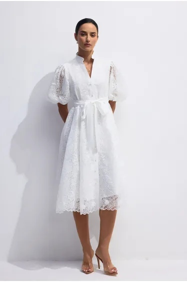 Bertha Floral Embroidered Lace Belted Mini Dress