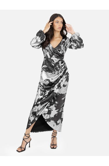 Lovedrobe Black and Silver Long Sleeve Faux Wrap Gathered Midaxi Dress