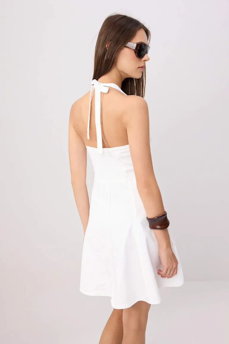 white halter denim dress White Denim Halter Neck Sleeveless Front Zip Dress  SSYS