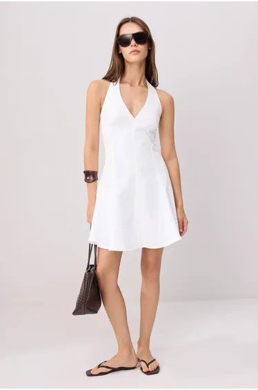 White Halter Neck Medium Stretch Mini Denim Dress