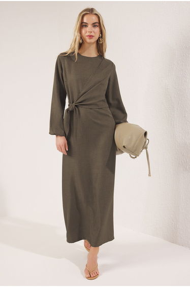 Khaki Linen Look Woven Dress
