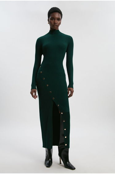 Viscose Blend Popper Detail Split Knit Dress