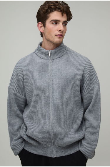 Relaxed Fit Ribbed Track Knitted Jacket - grey