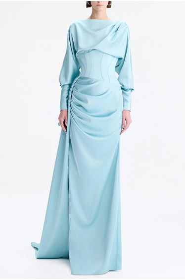 Satin Gathering Boat Neck Maxi Dress