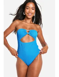 Heart Trim Crinkle Bandeau Cut Out Swimsuit - blue