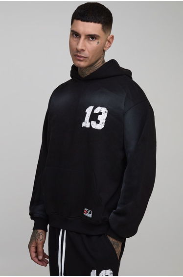 Tall Oversized Boxy Spray Wash 13 Print Hoodie - black