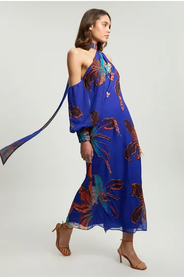 Embellished One Shoulder Printed Maxi Dress