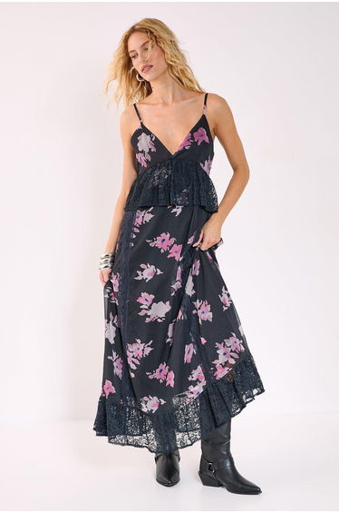 Floral Chiffon Lace Ruffle Maxi Dress