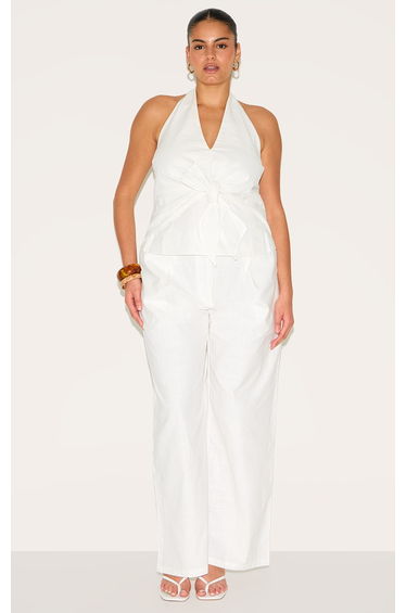 Plus White Linen Twist Front Halter Neck Top
