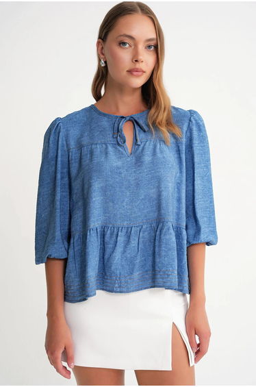 Mixray Denim Looking Ruffled Balloon Sleeve top
