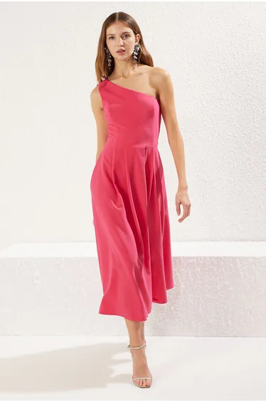 Pink A-Line One Shoulder Woven Chic Dress