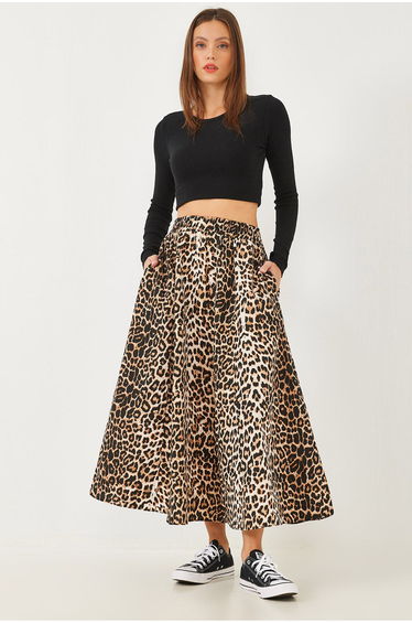 Women's Leopard Patterned Pocket Detailed Elastic Waist Parachute Balloon Skirt