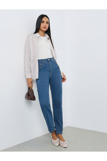 Women Medium Blue High Rise Mom Fit Jeans