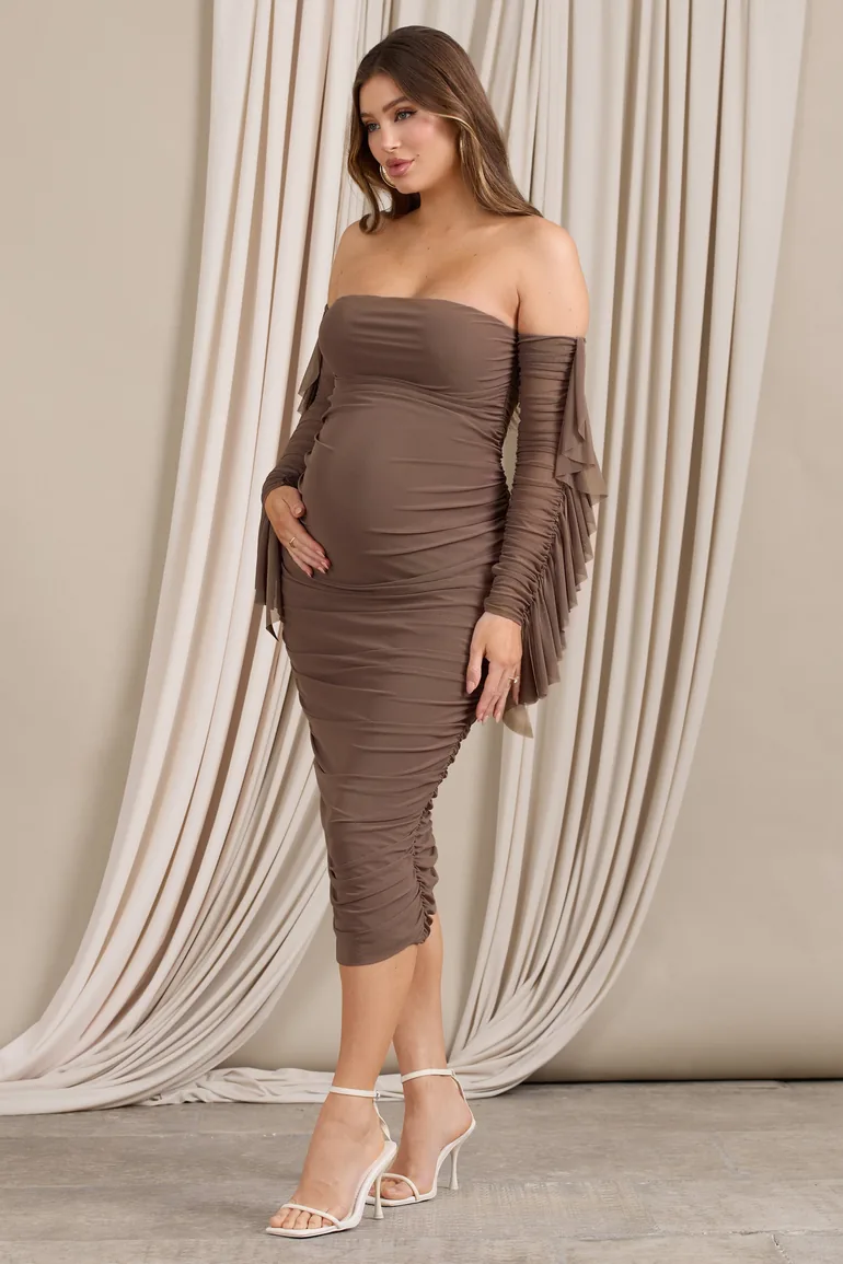 Aroma | Brown Ruched Mesh Maternity Midi Dress With Ruffled Sleeves - 3