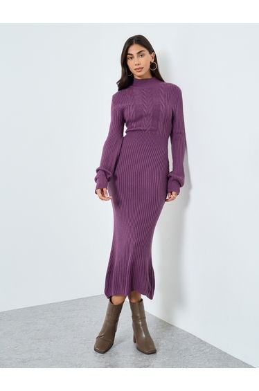 Purple Cable Knit Sweater Midi Dress