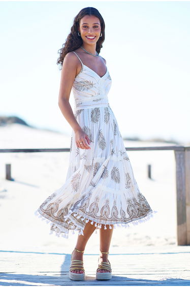 Yumi Ivory Foil Print Midi Sun Dress With Lace Trims
