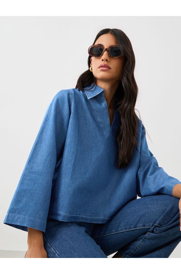 Solid Collared Long Sleeve Boxy Denim Top