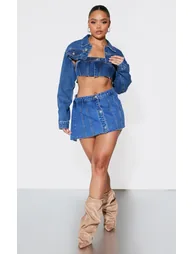 Mid Blue Wash Extreme Cropped Denim Bandeau Top - 2