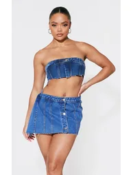 Mid Blue Wash Extreme Cropped Denim Bandeau Top