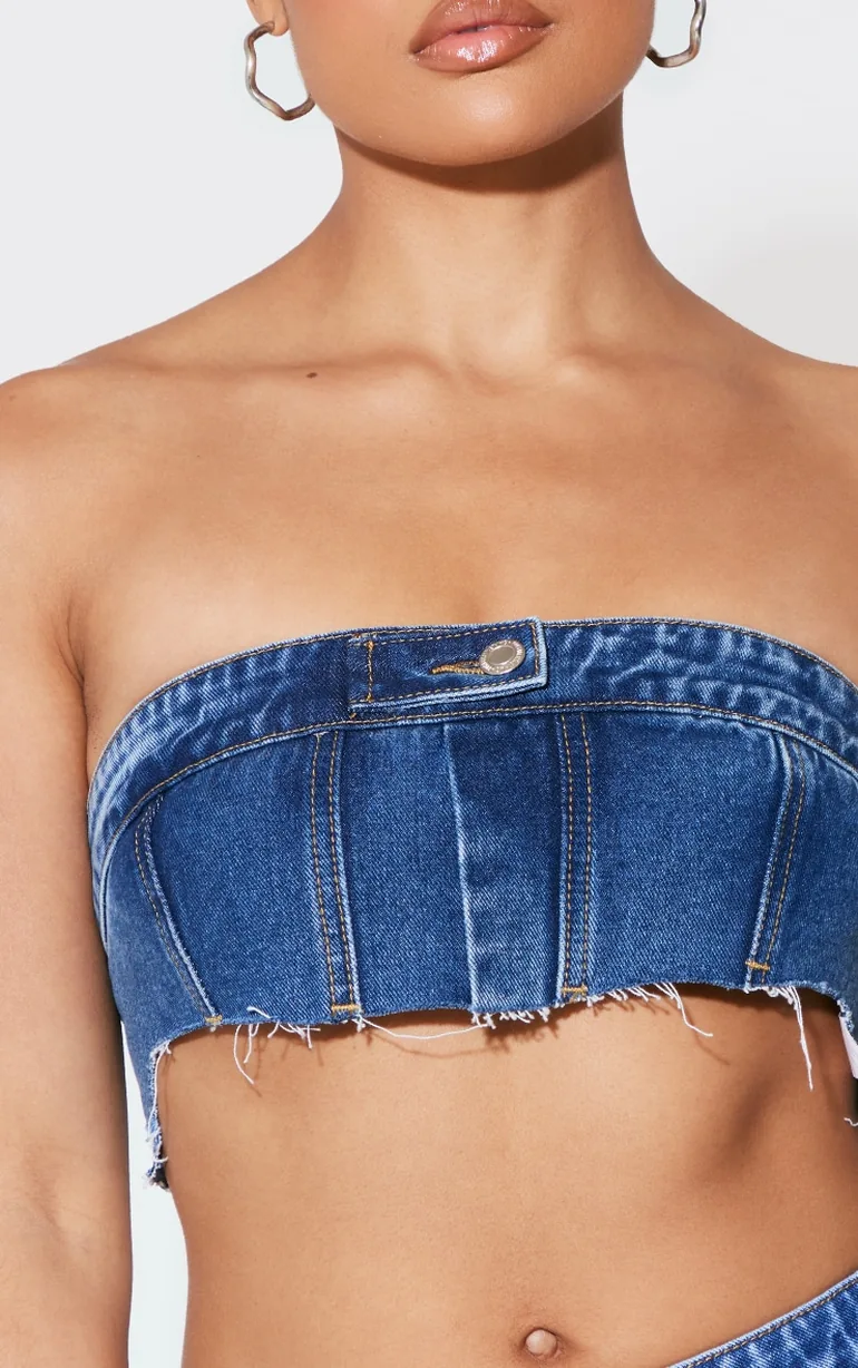 Mid Blue Wash Extreme Cropped Denim Bandeau Top - 3