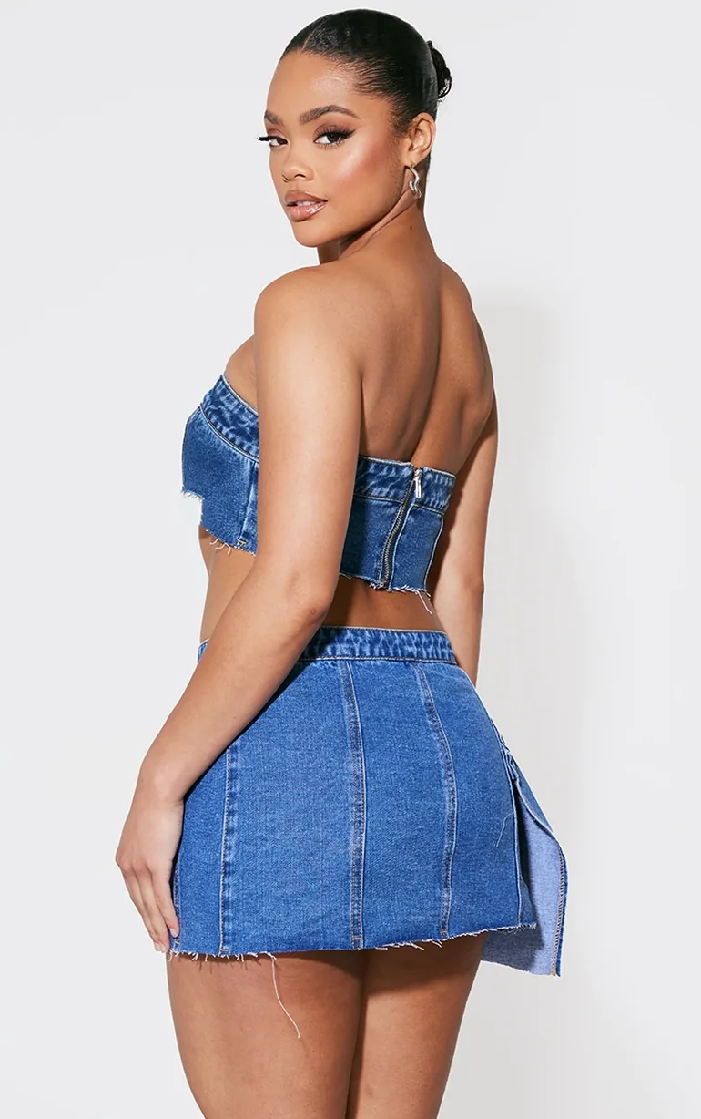 Mid Blue Wash Extreme Cropped Denim Bandeau Top - 1