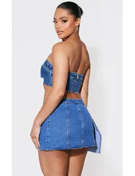 Mid Blue Wash Extreme Cropped Denim Bandeau Top - 1