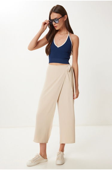 ISTANBUL High Waist Wide Leg Crop Pants with Tie Detail