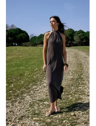 Brown Fish Halter Neck Sleeveless Shirred Midi Modal Knitted Dress - 4