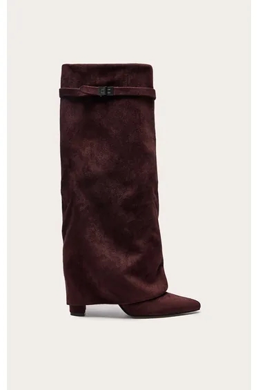 Chocolate Faux Suede Point Toe Fold Over Knee Block Heeled Boots