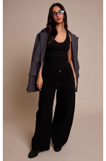 بنطلون جينز بشكل إسطواني لون أسود - للمقاسات الصغيرة