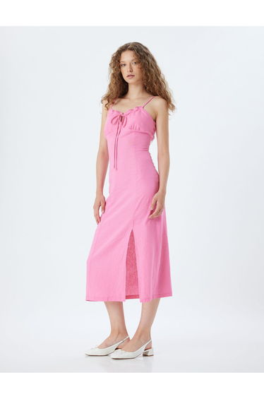Long Dress Linen Blend Straps Slit Front Tie
