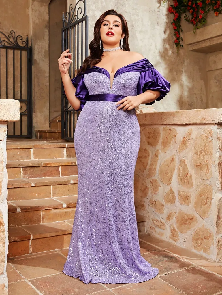 Leely Plus Women's Elegant Off The Shoulder Bishop Sleeve Mermaid Party Dress