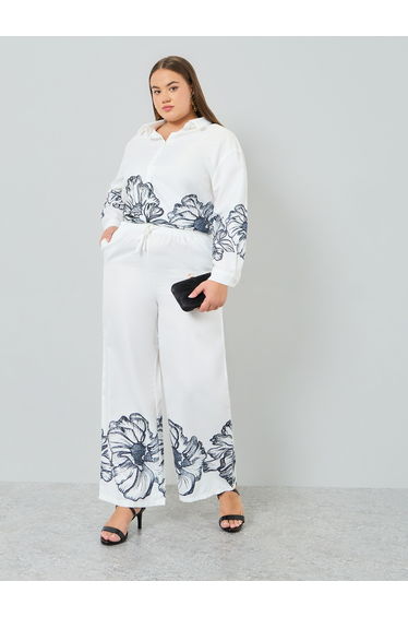 Plus Size Off White Floral Wide Leg Trousers