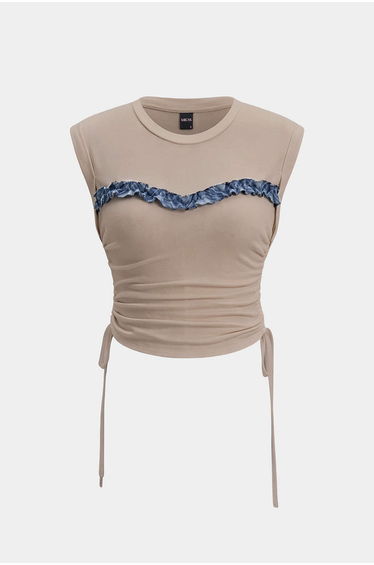 Patchwork Round Neck Tie-Up Short Sleeve T-Shirt