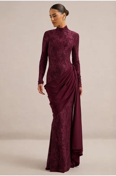 Enestra | Burgundy High-Neck Lace Maxi-Dress With Draped-Skirt