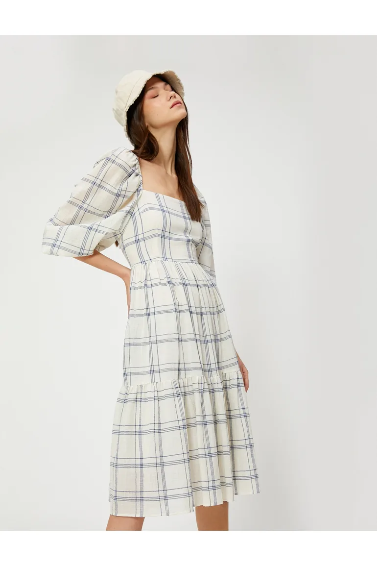 Navy Ruched A-Line Midi Smock Dress - 1