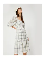 Navy Ruched A-Line Midi Smock Dress - 1