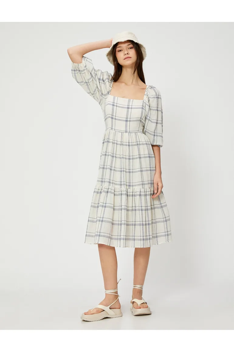 Navy Ruched A-Line Midi Smock Dress