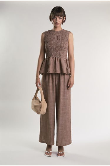 Mid Brown Fleck Smocked Peplum Top