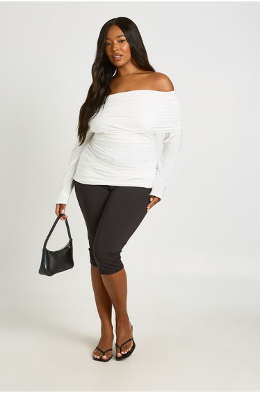 Plus Fold Over Neck Long Sleeve Top - ivory